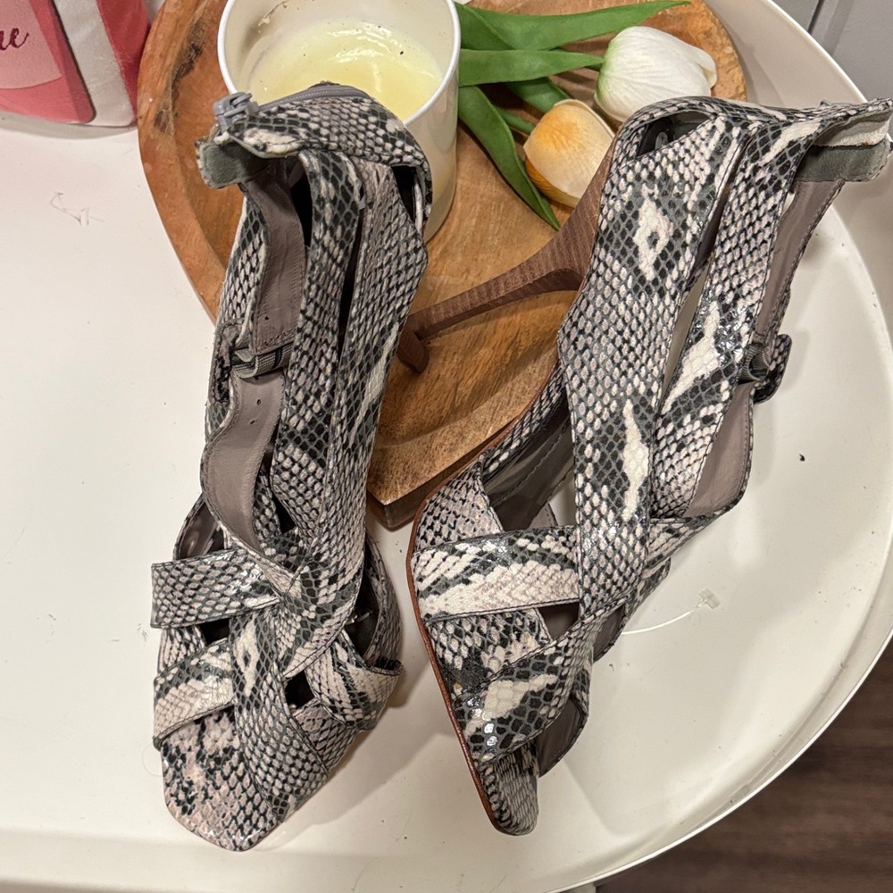 BCBGMaxAzria Snakeskin Open Toe Cage Heels